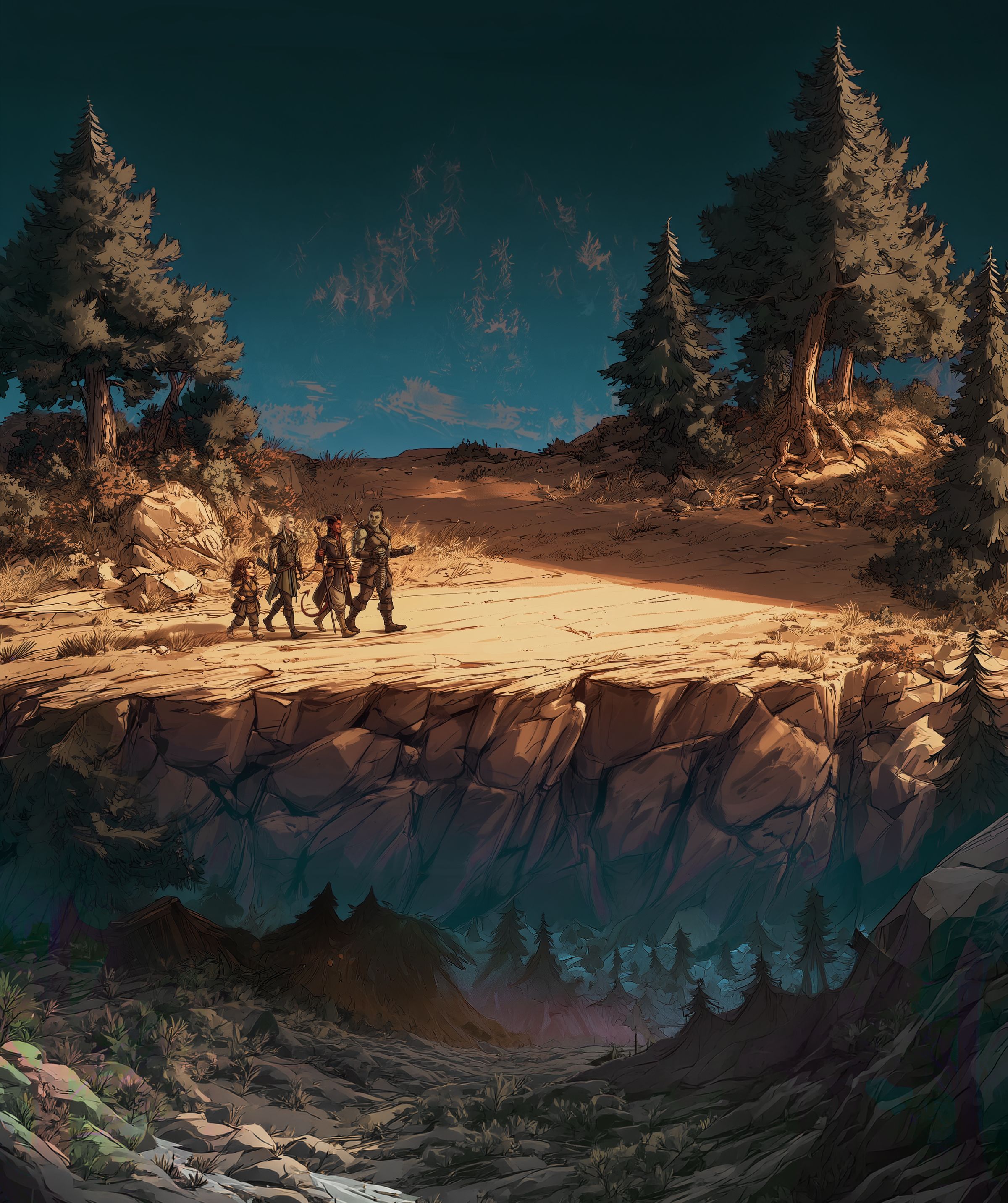 Four wanderers walk a sunlit cliff road above a dark wooded valley