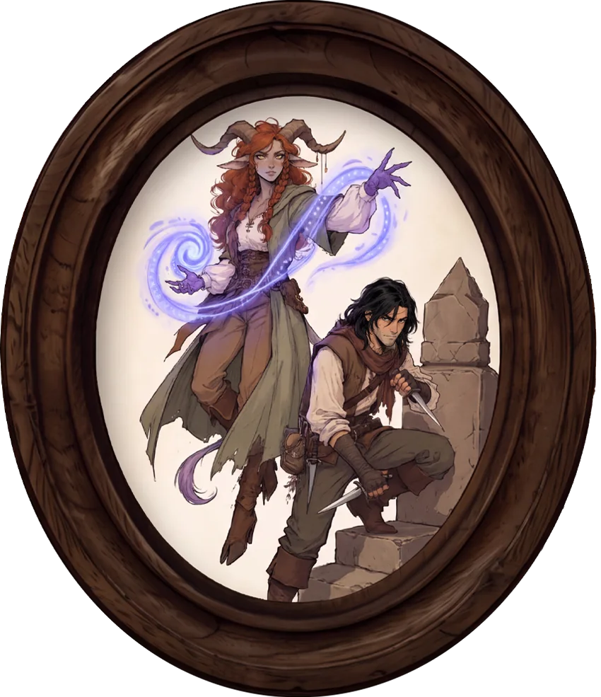 A horned spellcaster and a rogue with daggers drawn